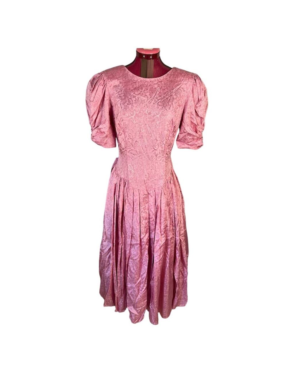 Formal dress lace sleeves puff sleeves big bow vintage 1980s rose pink